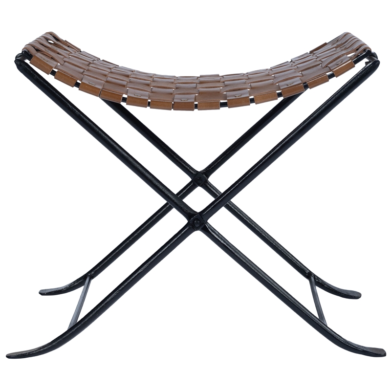 Beaumont Lane Rustic Industrial 17.5'' Transitional Metal/Leather Stool in Brown