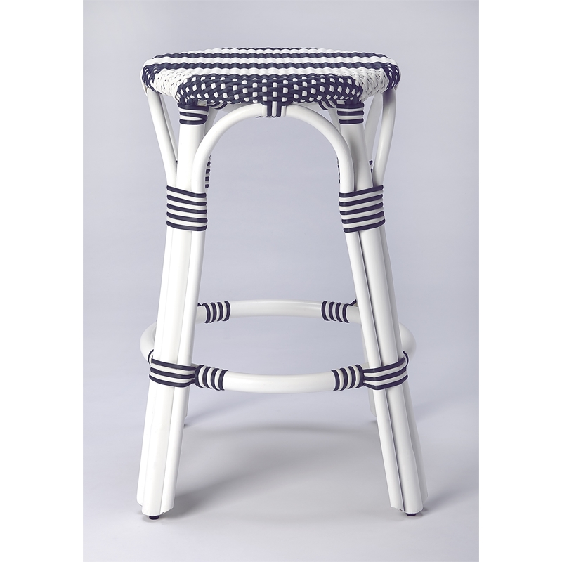 blue and white rattan bar stools