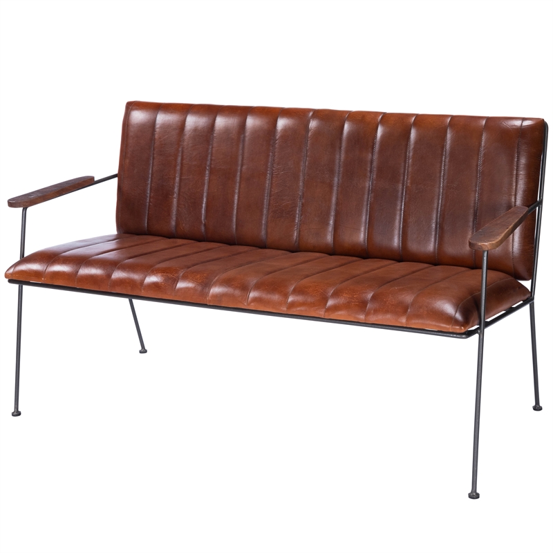 Beaumont Lane Rustic Industrial Leather and Metal Bench in Brown