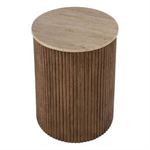 Beaumont Lane Modern 15&quot Round Travertine and Fluted Wood Side Table