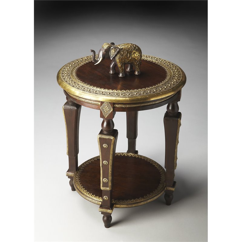 Beaumont Lane Transitional Round Wood Brass Accent Table in Brown