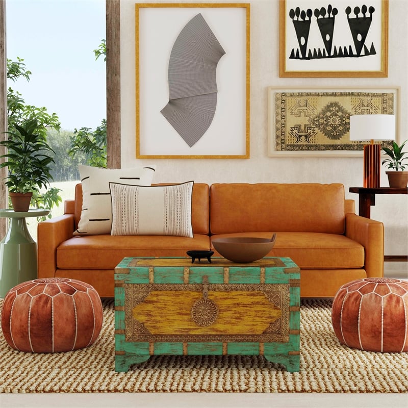 Beaumont Lane Mango Wood Blue Coffee Table Rectangular Hand-Painted 32