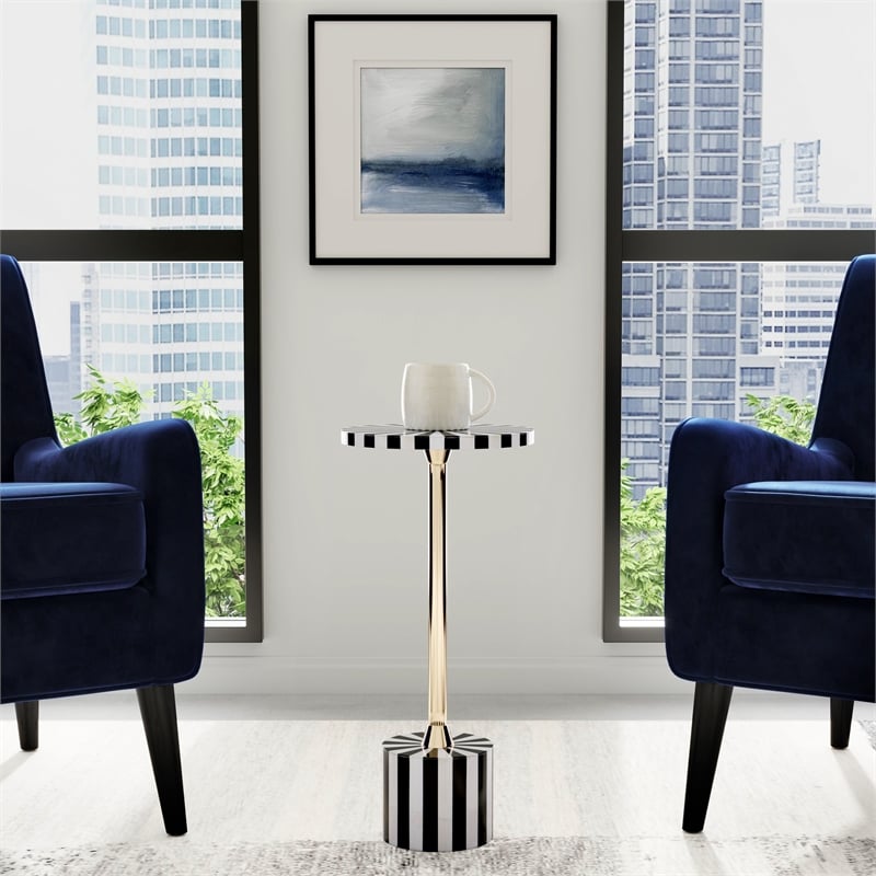Beaumont Lane Modern Brass And Bone Inlay Round Side Table - Black White