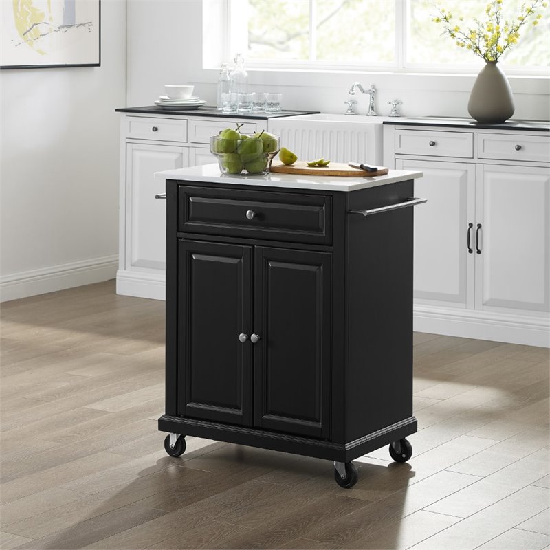 Beaumont Lane Compact Wood Kitchen Granite Top Kitchen Cart in Matte Black