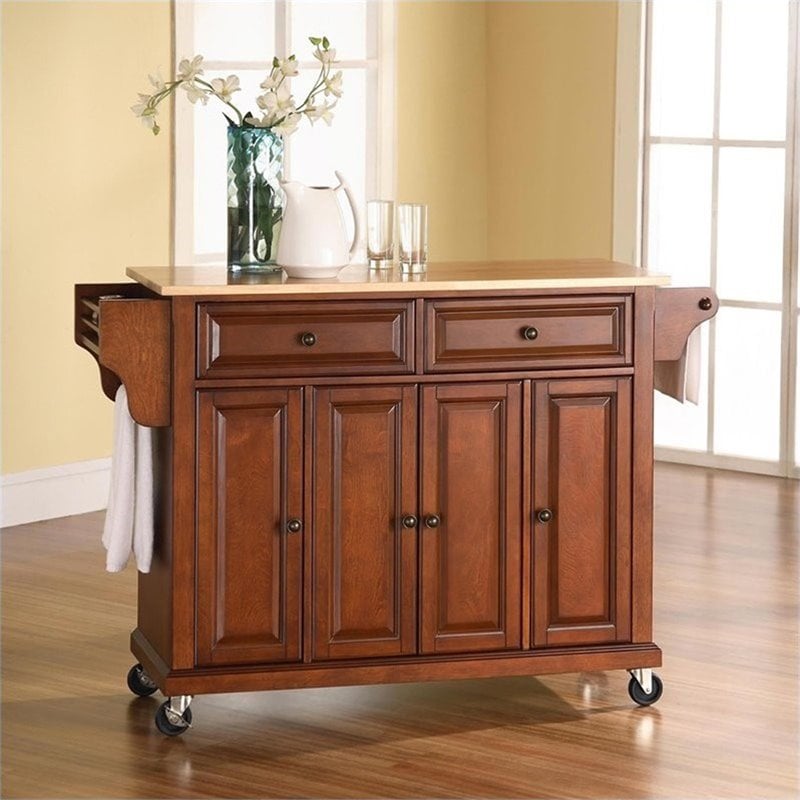 Beaumont Lane Traditional Natural Wood Top Kitchen Cart in Cherry/Natural