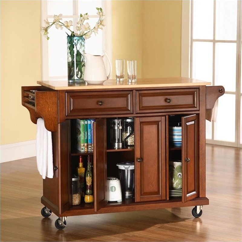 Beaumont Lane Traditional Natural Wood Top Kitchen Cart in Cherry/Natural