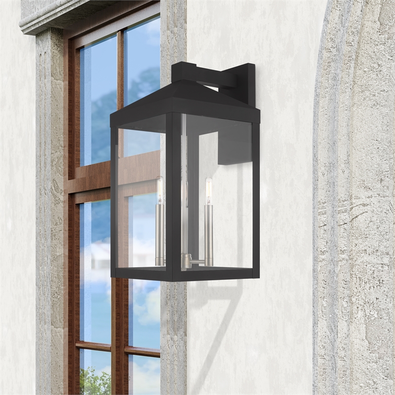 Beaumont Lane Transitional 3-Light Brass & Glass Outdoor Wall Lantern in Black