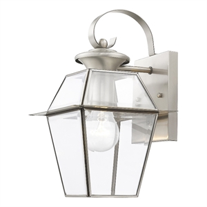 Beaumont Lane Traditional 1-Light Brass Outdoor Wall Lantern in Brushed Nickel