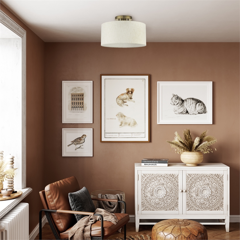 Beaumont Lane Modern 1-Light Metal & Fabric Semi Flush in Antique Brass