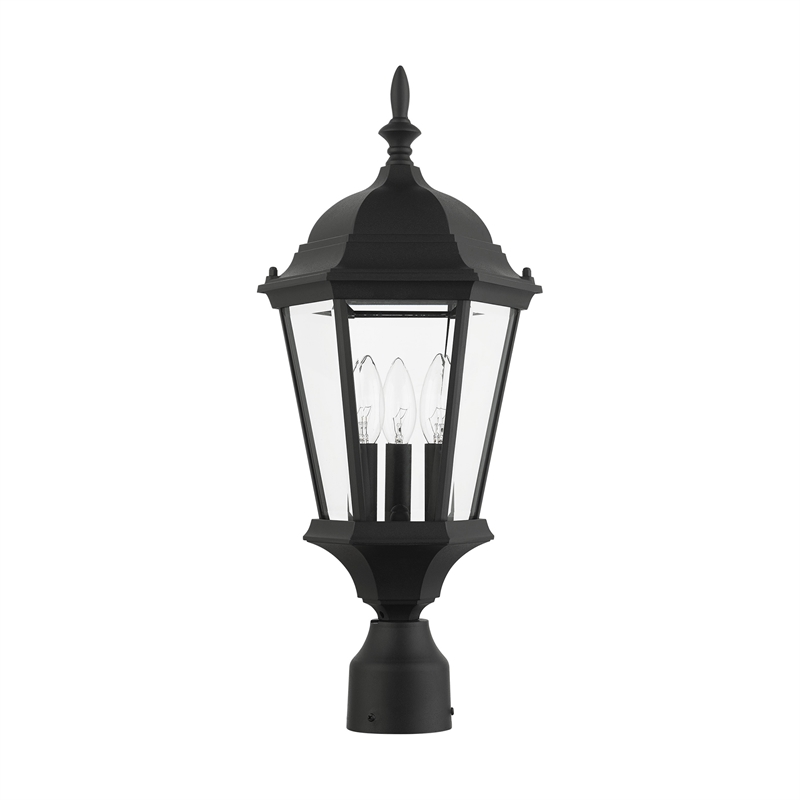Beaumont Lane 3-Light Beveled Metal Outdoor Post Top Lantern in Black