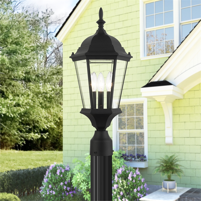 Beaumont Lane 3-Light Beveled Metal Outdoor Post Top Lantern in Black