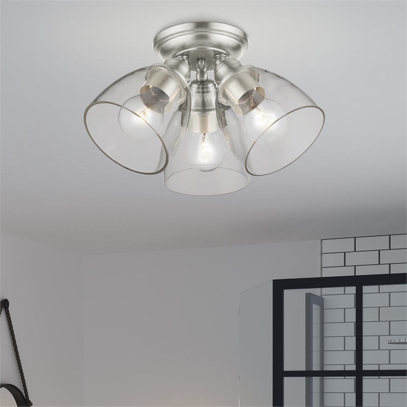 Beaumont Lane Transitional 3-Light Metal & Glass Flush Mount in Brushed Nickel