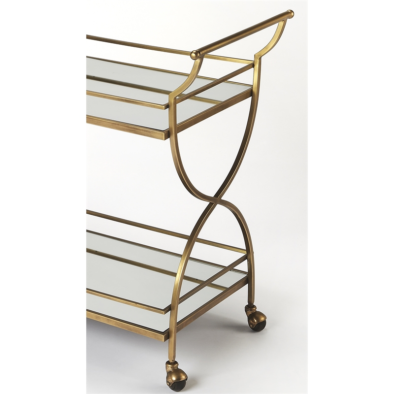 Beaumont Lane Contemporary Glass Bar Cart in Antique Gold Finish