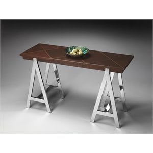 Beaumont Lane Contemporary Leather and Metal Console Table in Brown