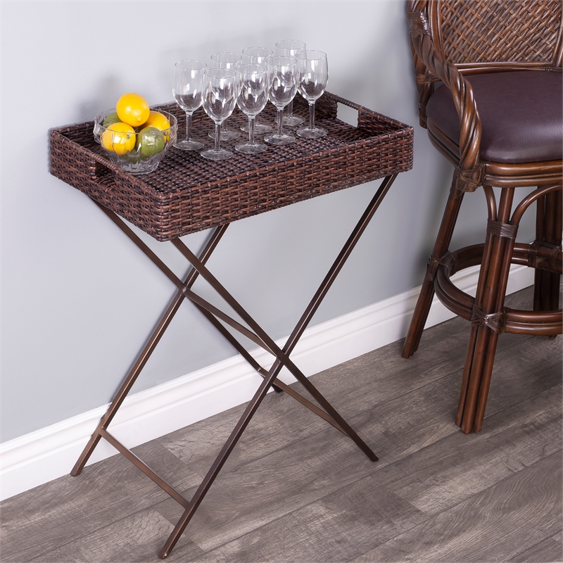 Beaumont Lane Metal Traditional Rattan Tray Table in Dark Brown