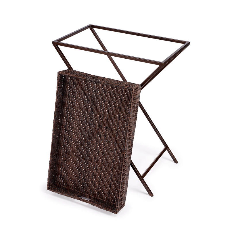 Beaumont Lane Metal Traditional Rattan Tray Table in Dark Brown
