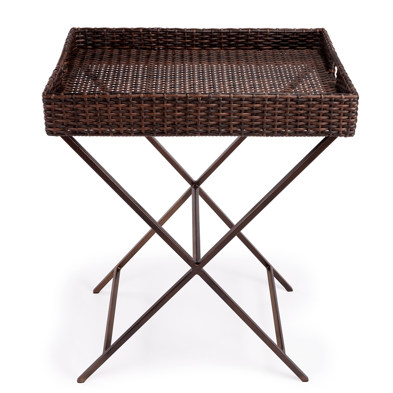 Beaumont Lane Metal Traditional Rattan Tray Table in Dark Brown