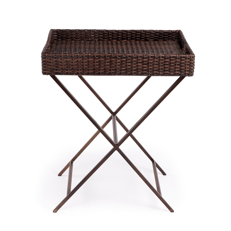 Beaumont Lane Metal Traditional Rattan Tray Table in Dark Brown