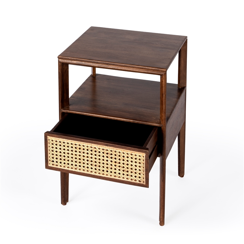 Beaumont Lane Mid-Century Brown Wood 1 Drawer Cane Nightstand
