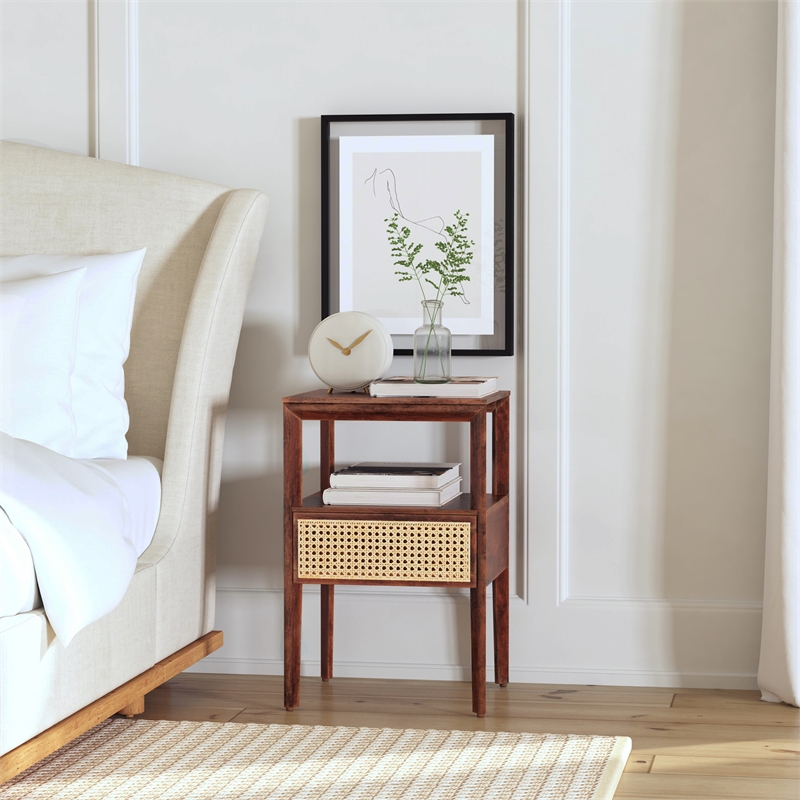 Beaumont Lane Mid-Century Brown Wood 1 Drawer Cane Nightstand