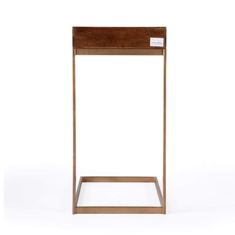 Beaumont Lane Mid-Century 1 Drawer Walnut And Gold Iron C Shaped End Table