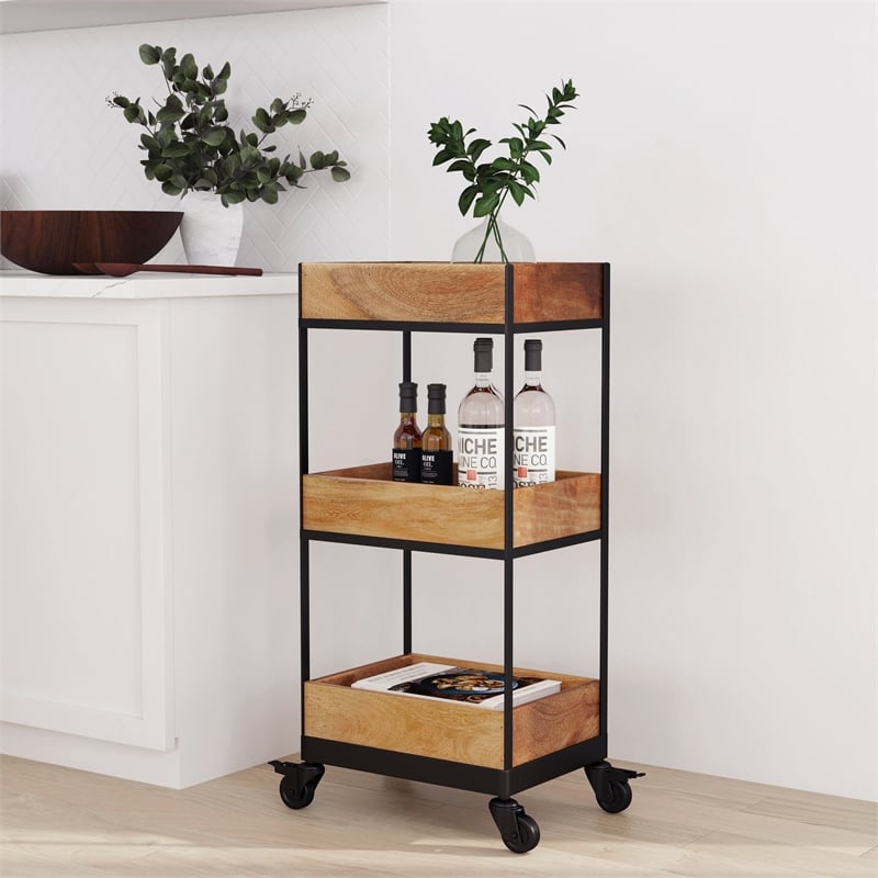 Beaumont Lane Farmhouse Rustic 3-Tier Serving Cart in Natural Mango