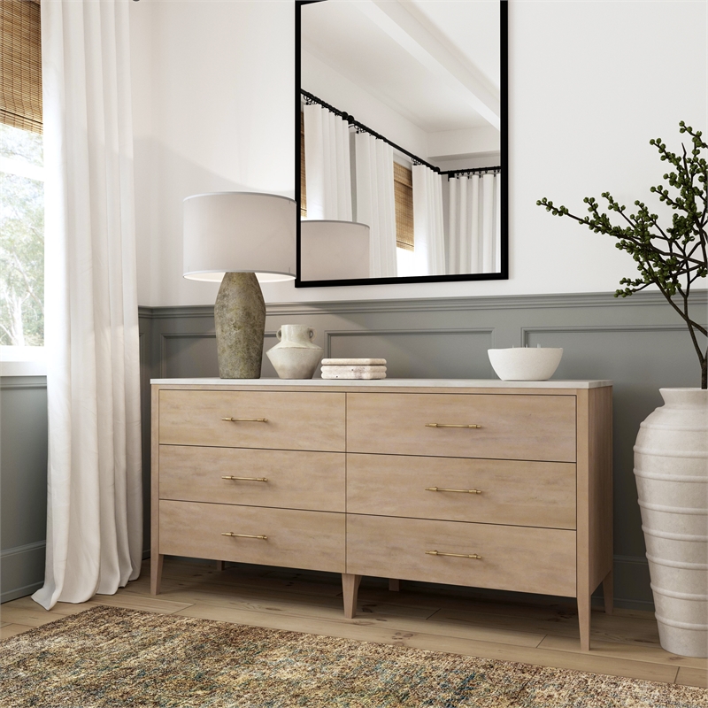 Beaumont Lane Modern 6 Drawer Wood And Marble Dresser in Light Beige