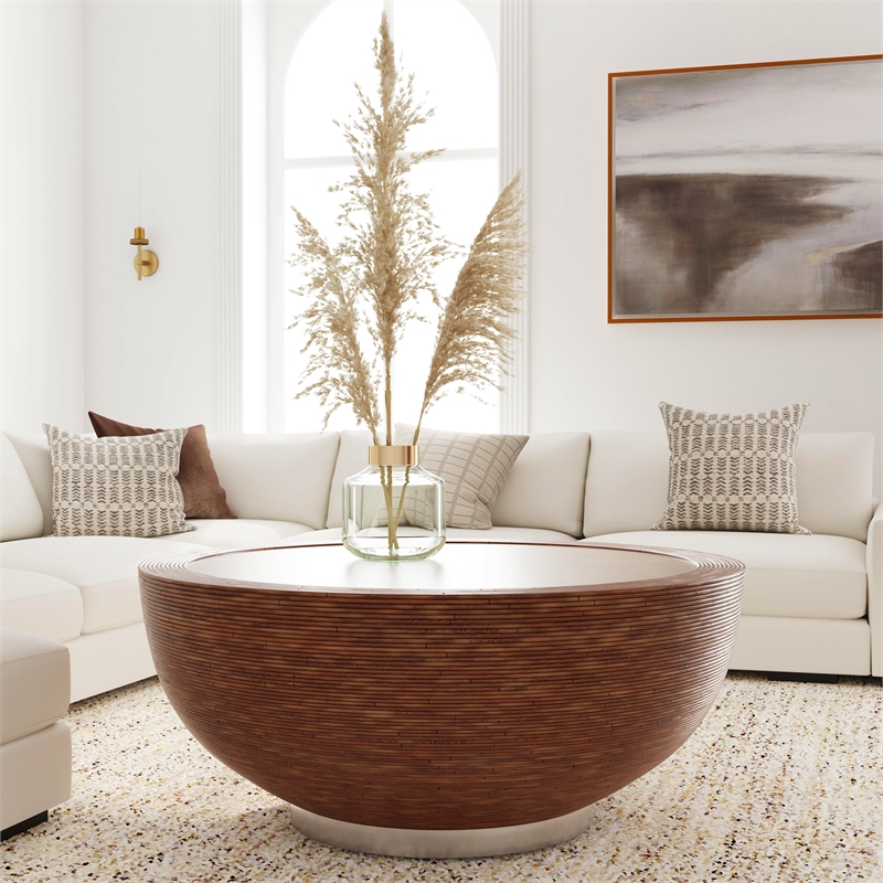 Beaumont Lane Contemporary Rattan Drum Coffee Table in Brown