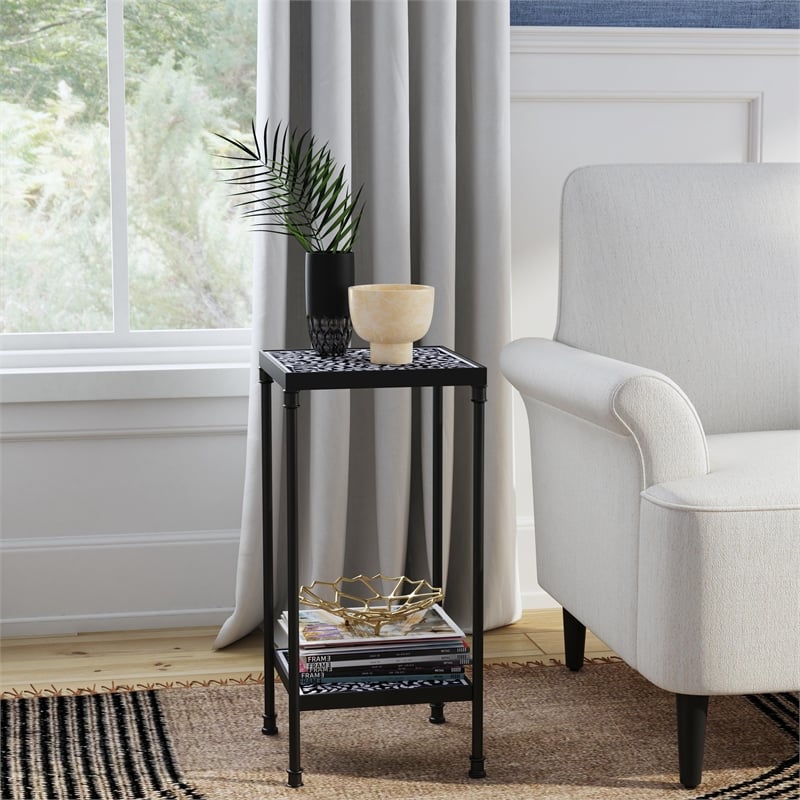 Beaumont Lane Modern Resin And Bone Inlay Side Table in Black / White