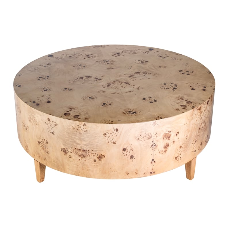 Beaumont Lane Mid-Century Round Burl Coffee Table in Light Brown Burl