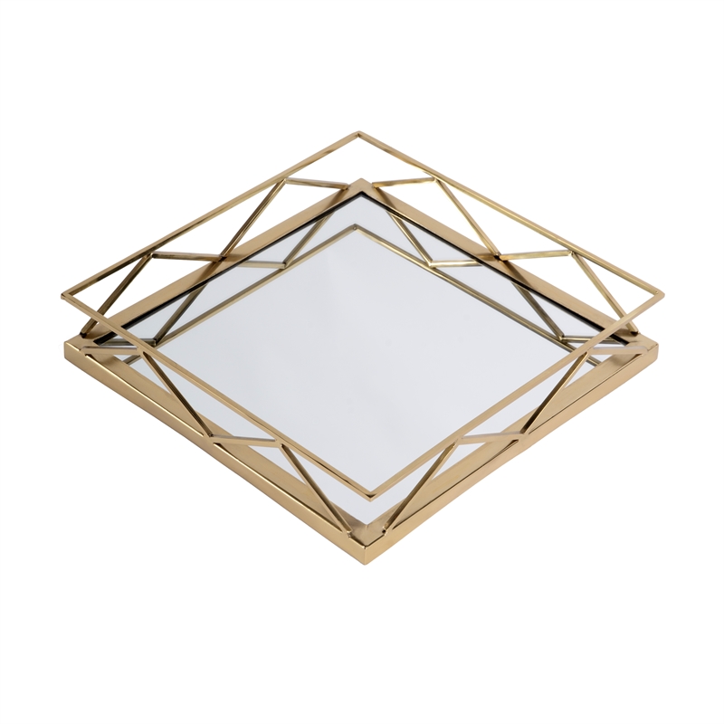 Beaumont Lane Modern Rectangle Mirrored Serving Tray in Polished Gold