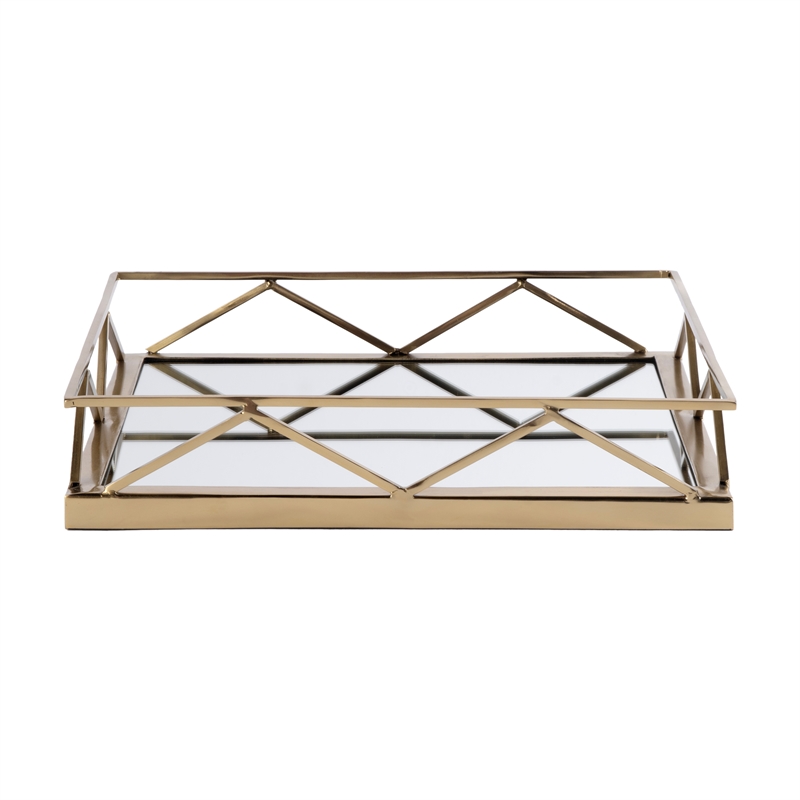 Beaumont Lane Modern Rectangle Mirrored Serving Tray in Polished Gold