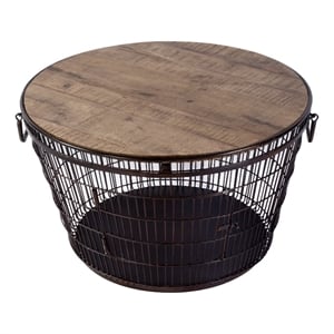 Beaumont Lane Farmhouse 28&quotW Round Iron and Wood Coffee Table in Brown