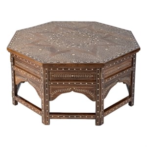 Beaumont Lane Traditional 42&quotW Octagon Bone Inlay Coffee Table in Brown