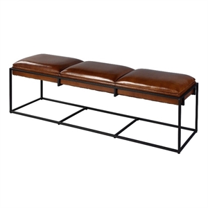 Beaumont Lane Transitional 62&quotW Leather and Iron Accent Bench in Brown