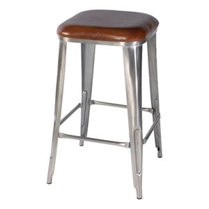 Beaumont Lane Transitional 30.75&quotH Leather Bar Stool in Brown & Silver