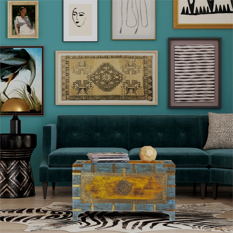 Beaumont Lane Transitional Painted Brass Inlay Wood Storage Trunk Multicolor