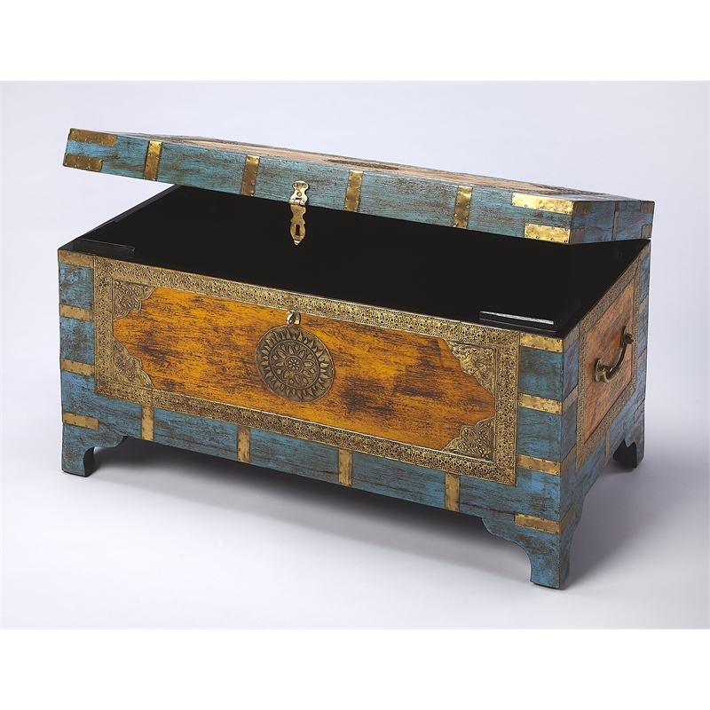 Beaumont Lane Transitional Painted Brass Inlay Wood Storage Trunk Multicolor