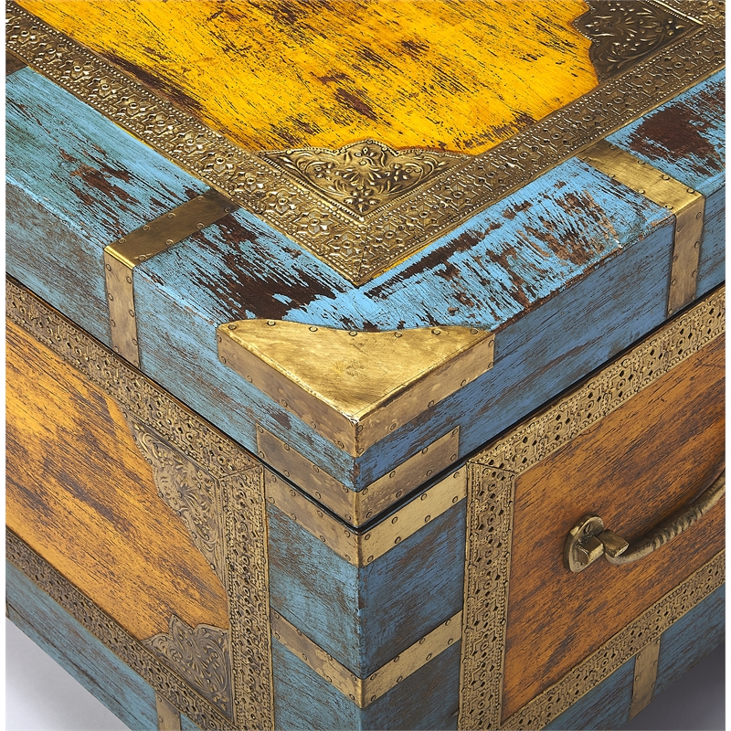 Beaumont Lane Transitional Painted Brass Inlay Wood Storage Trunk Multicolor