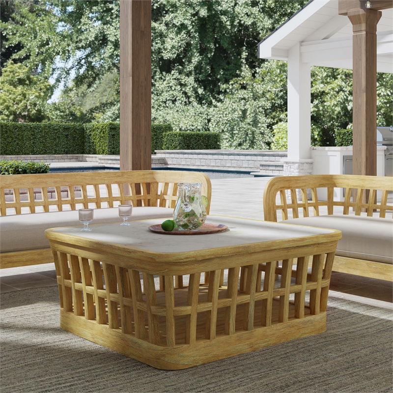 Beaumont Lane Traditional Outdoor Teak And Marble Coffee Table - Natural