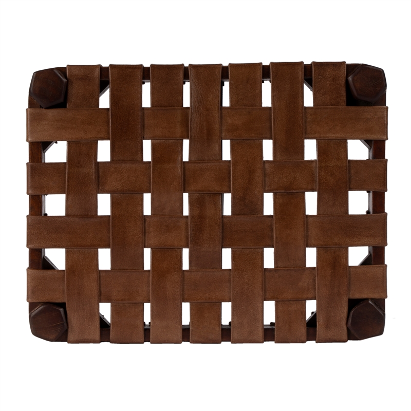 Beaumont Lane Farmhouse Leather Woven Accent Stool in Brown Finish