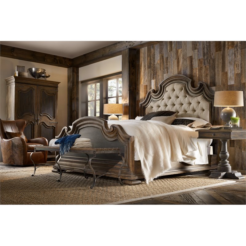 Beaumont Lane Traditional Wood King Upholstered Bed in Oak Finish