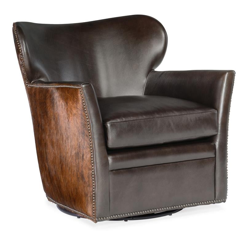 Beaumont Lane Traditional Leather Living Room Swivel Chair in Brown