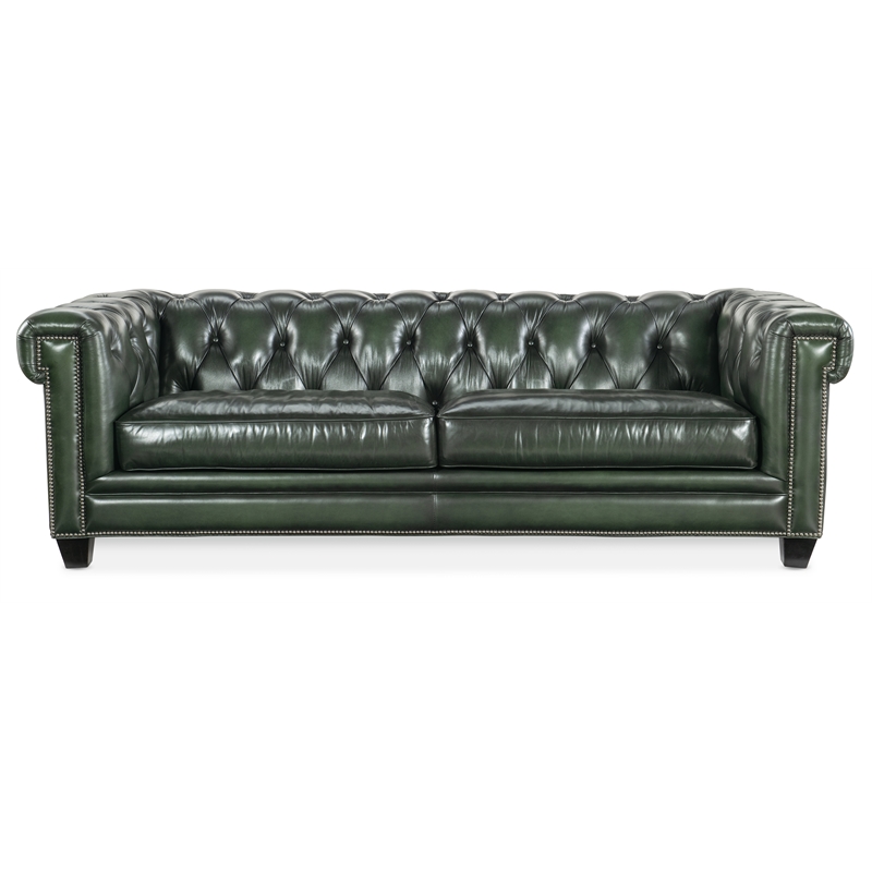 Beaumont Lane Traditional Leather Tufted Sofa in Green Finish