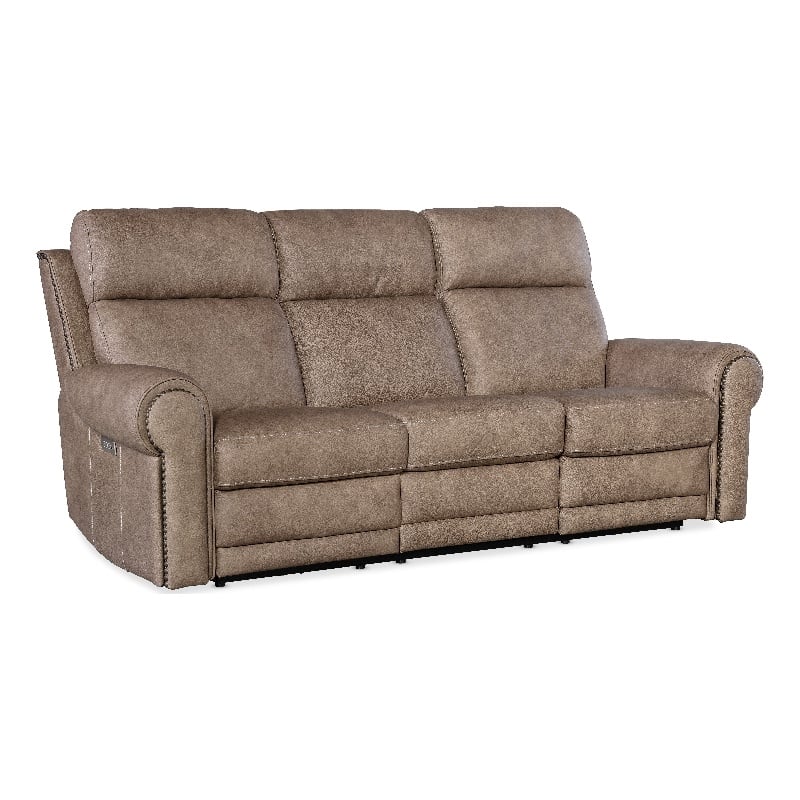 Beaumont Lane Power Leather Sofa with Power Headrest & Lumbar in Brown