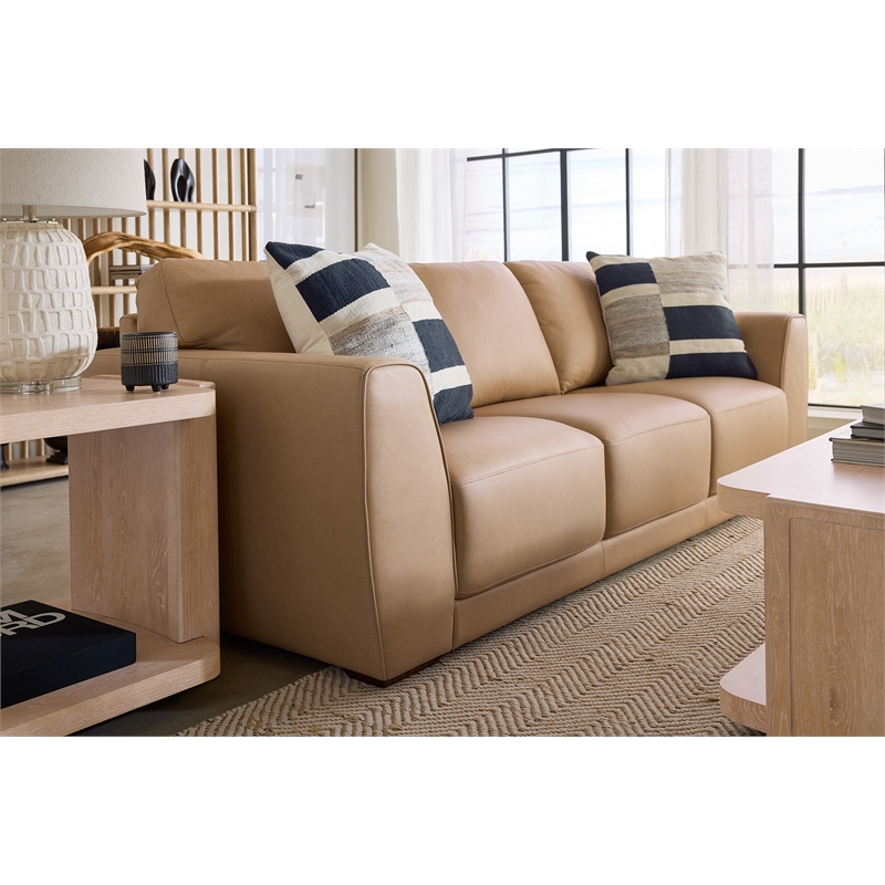 Beaumont Lane Transitional Wide Arm Stationary Sofa in Beige Leather