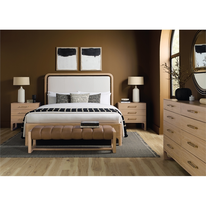 Beaumont Lane Contemporary Queen Panel Bed in Beige Leather Finish