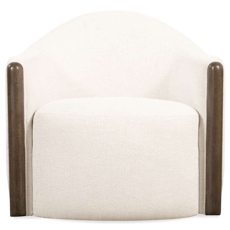 Beaumont Lane Cora Swivel Chair in Beige Fabric with Brown Wood Accenting