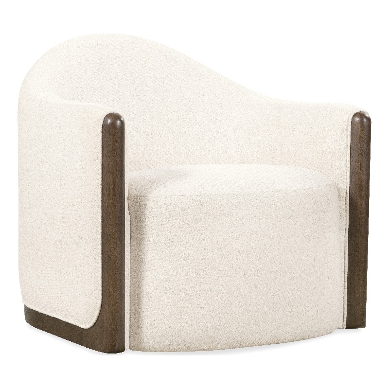 Beaumont Lane Cora Swivel Chair in Beige Fabric with Brown Wood Accenting