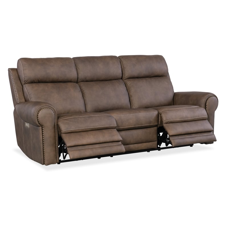 Beaumont Lane Power Leather Sofa w/ Power Headrest and Lumbar in Brown